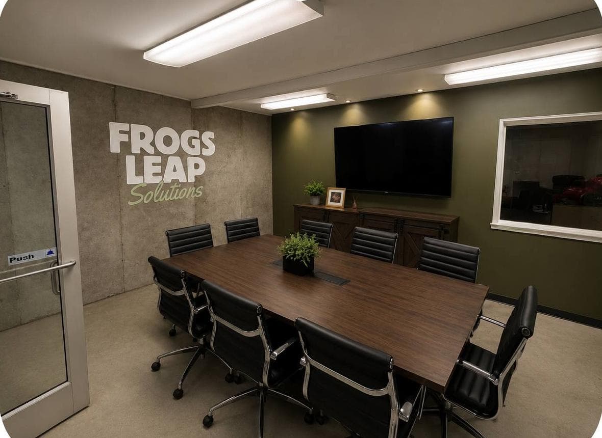 The Frogs Leap Solutions conference room, with a long wood table and black rolling chairs, a wall-mounted TV, and a wood cabinet, lit by recessed ceiling lights